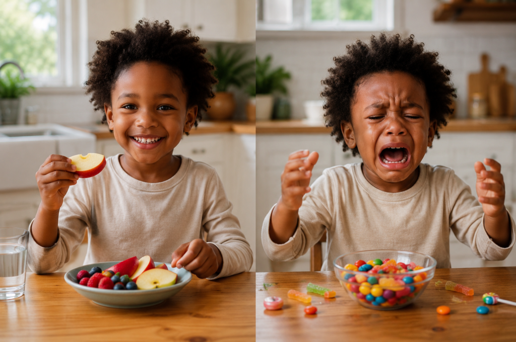 black child happy eating healthy snack then crying after sugar