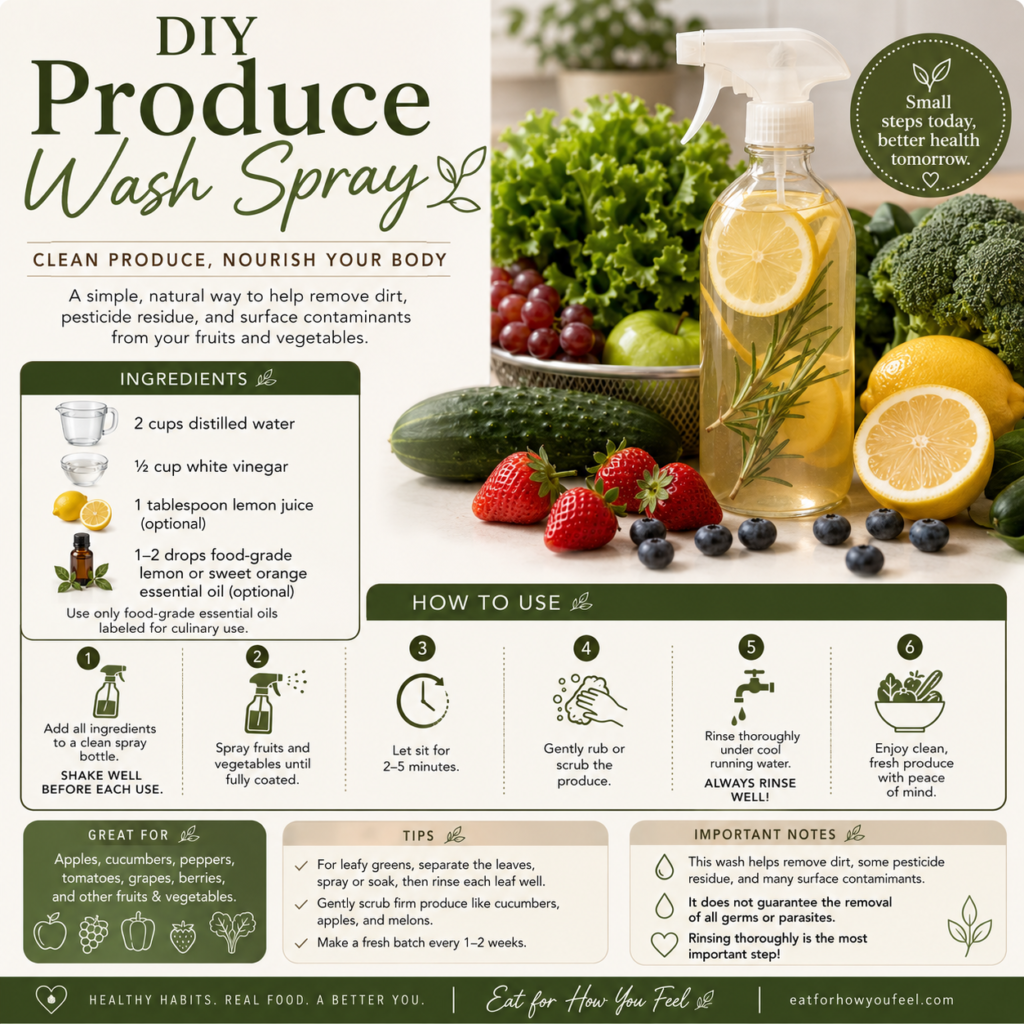 DIY produce wash spray recipe with distilled water, white vinegar, lemon juice, and essential oil to remove dirt and pesticide residue from fruits and vegetables