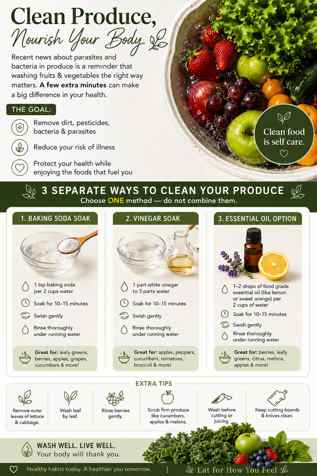 3 ways to wash fruits and vegetables - baking soda soak, vinegar soak, and essential oil method for removing pesticides and bacteria