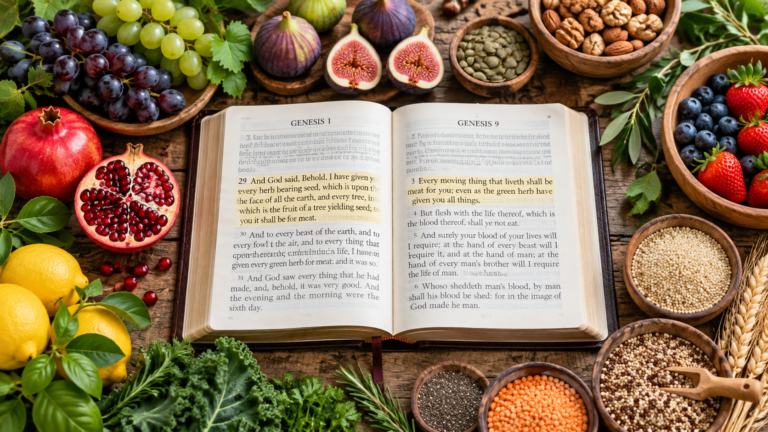 Open Bible on a wooden table surrounded by fresh fruit, figs, pomegranates, seeds, grains, and herbs