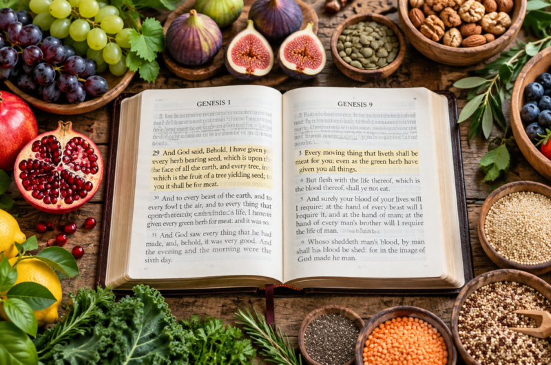 Open Bible on a wooden table surrounded by fresh fruit, figs, pomegranates, seeds, grains, and herbs