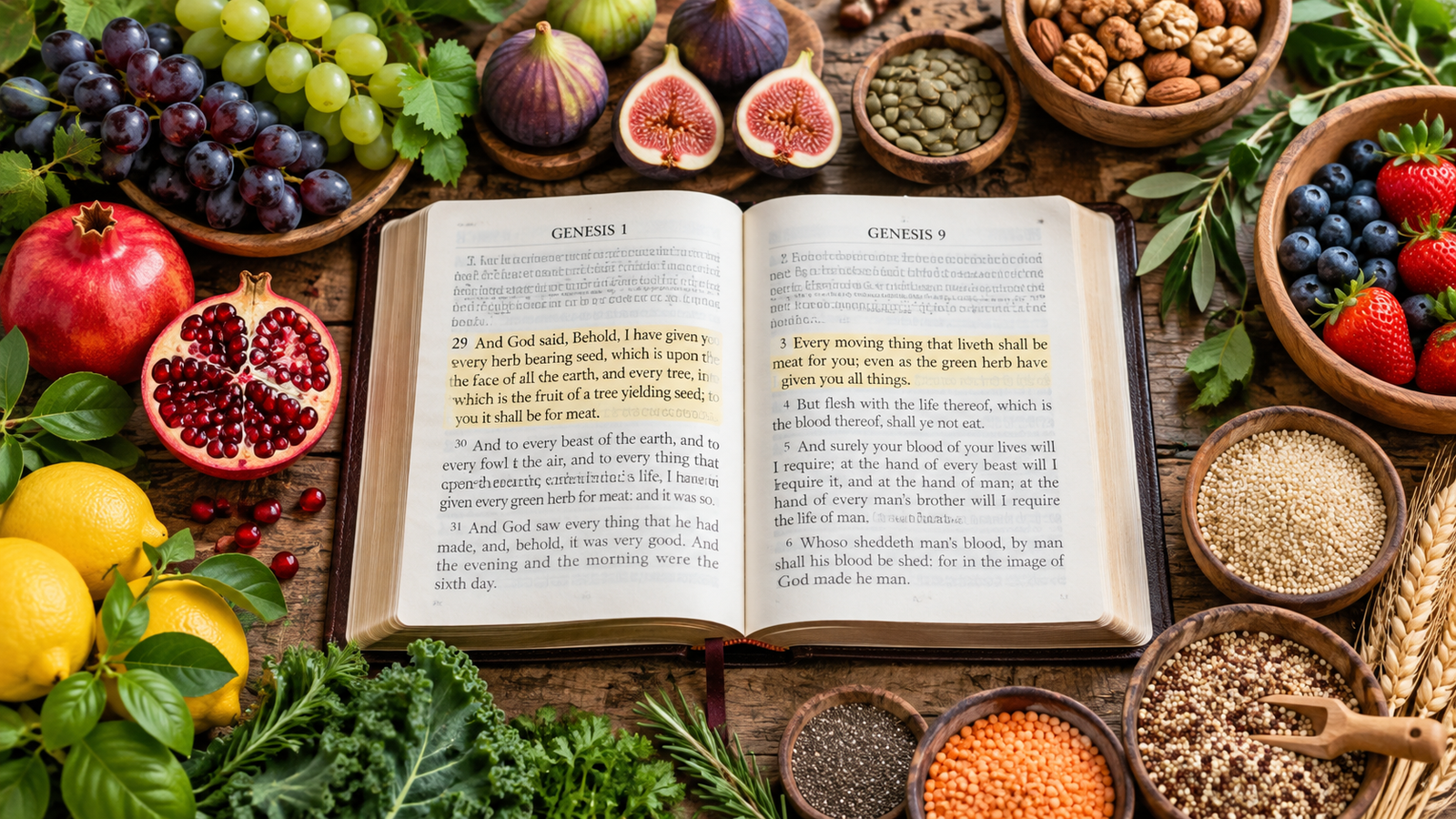 Open Bible on a wooden table surrounded by fresh fruit, figs, pomegranates, seeds, grains, and herbs
