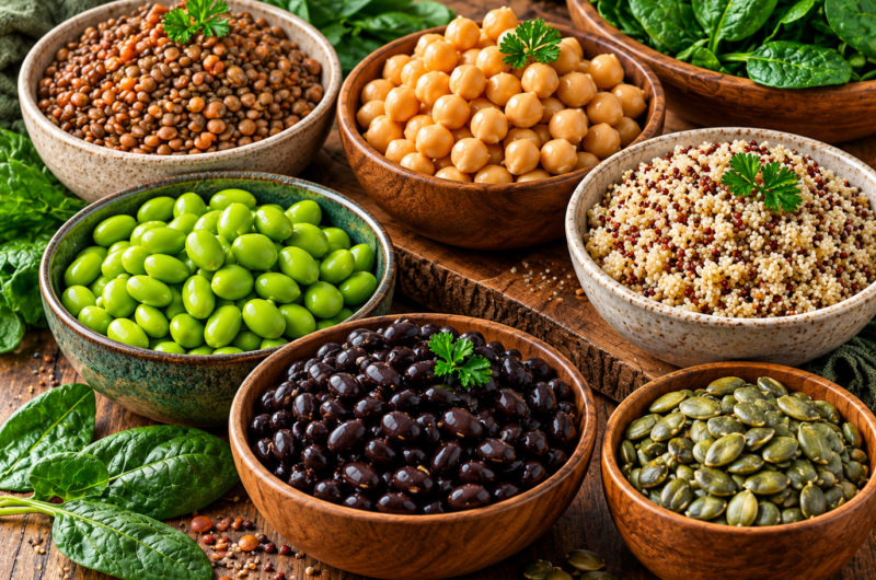 Bowls of lentils, chickpeas, edamame, black beans, quinoa, and pumpkin seeds on a rustic wooden table with fresh spinach