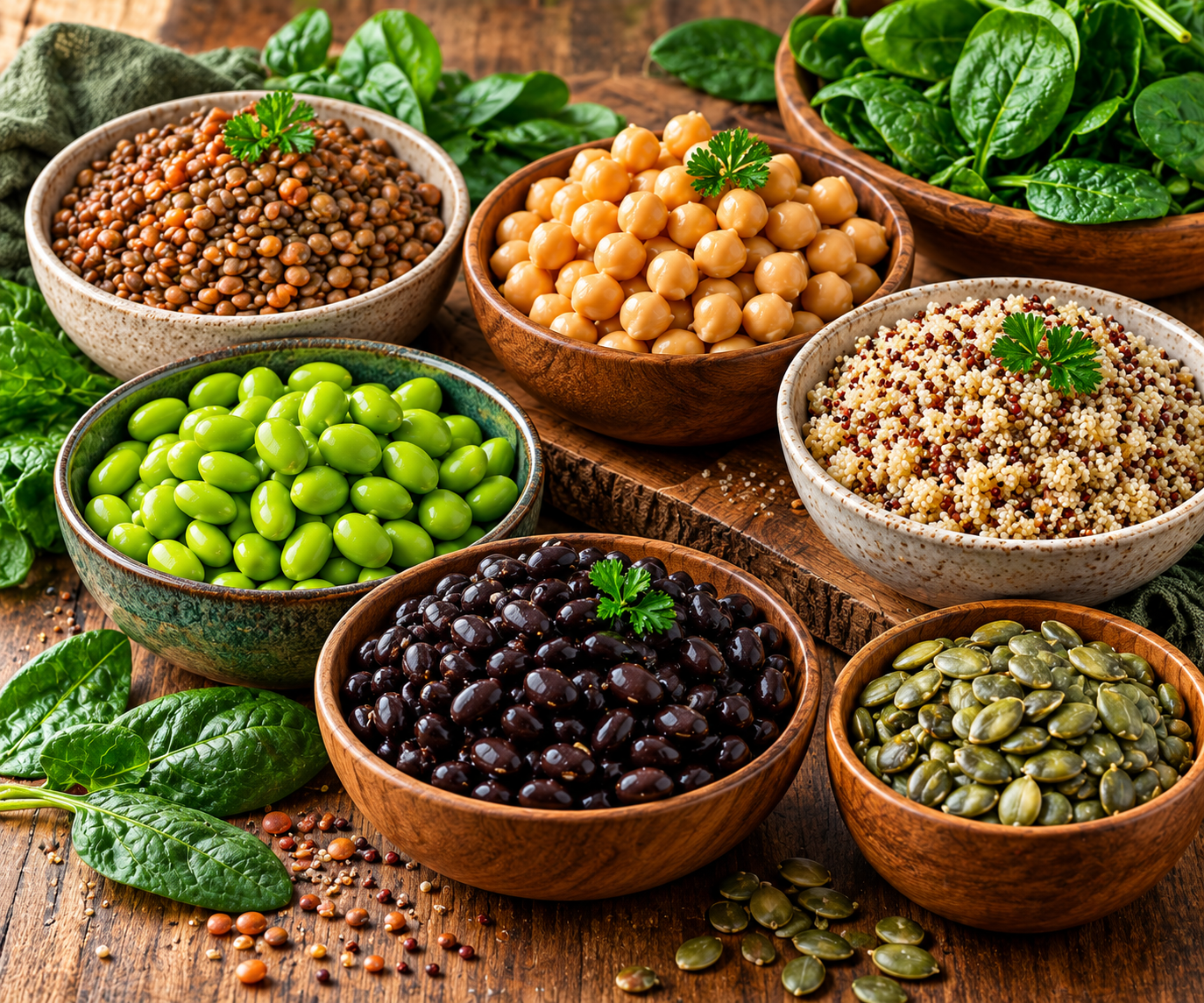 Bowls of lentils, chickpeas, edamame, black beans, quinoa, and pumpkin seeds on a rustic wooden table with fresh spinach