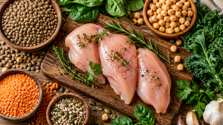 Raw chicken breasts with herbs on a wooden cutting board, surrounded by bowls of lentils, chickpeas, and seeds, with kale and spinach