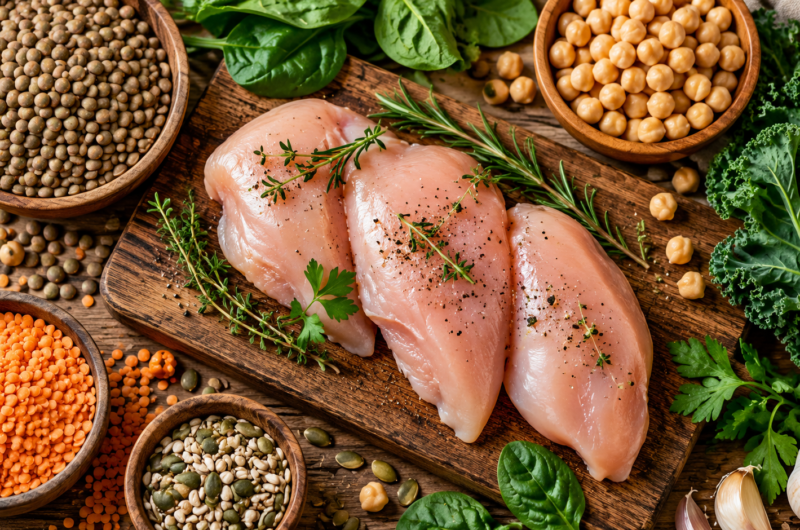 Raw chicken breasts with herbs on a wooden cutting board, surrounded by bowls of lentils, chickpeas, and seeds, with kale and spinach